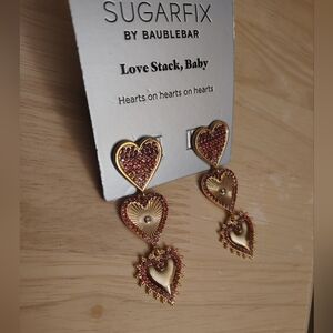 Sugarfix Lovestack Hearts Pink Crystal Gold Charm Dangle Earrings Y2K Barbiecore